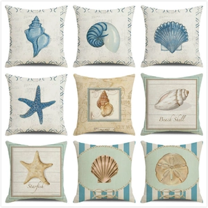 Set of nine nautical decorative pillow covers with watercolor seashell and starfish motifs