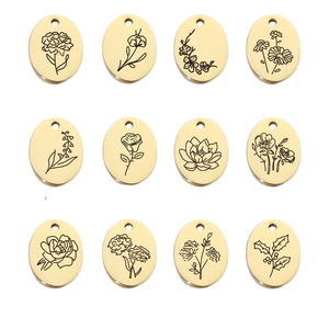 Set of 12 gold oval stainless steel birth flower necklaces with various floral engravings
