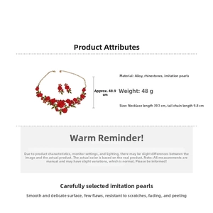 Detail view of floral necklace set with red roses and dimensions on white background