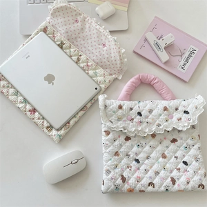 Quilted padded laptop sleeve with floral puppy patterns and white lace trim detail