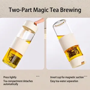 Magnetic glass tea infuser bottle with beige leather sleeve and one-click separation feature
