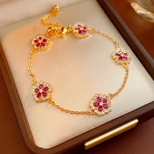 Flower Bracelet Copper Zircon Gold Plated Red Pink Floral 5 Stations Adjustable Elegant Jewelry For Women