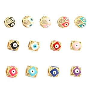 Golden evil eye spacer beads in round and square shapes with colorful enamel and micro zircon