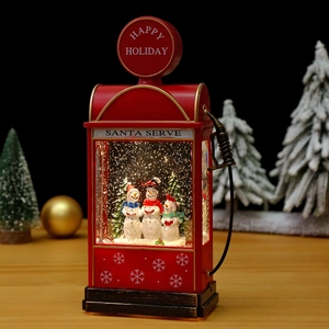 Vintage red gas station snow globe lamp with snowman family for Christmas gift