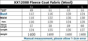 Detailed size chart for women's fleece coat including shoulder, chest and length measurements