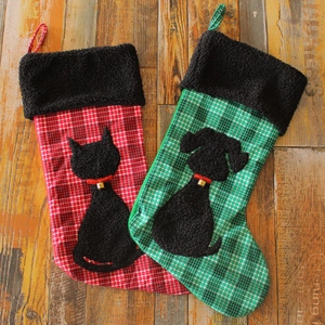 Lot de chaussettes de Noël à carreaux avec silhouettes de chat et chien noires
