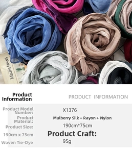 Detail of gradient silk blend scarf showing pleated texture and 190x75cm dimension
