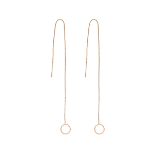 Minimalist rose gold long chain earrings with circular pendants on white background