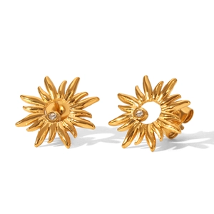 Detailed view of gold sunflower stud earrings with centered sparkling diamonds