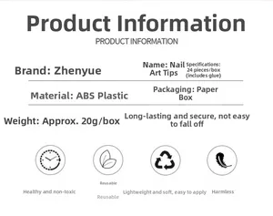 Detailed specification chart for 24pcs ABS press on nails with box packaging and glue