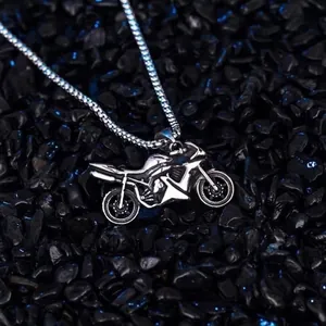 Retro hip hop motorcycle pendant necklace with movable wheels on black stones