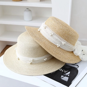 Damen Sommer Strohhut mit Perlen und Netzschleife in Beige und Naturfarben gewebt