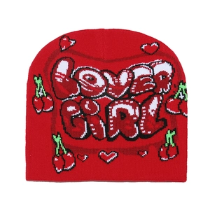 Red knit beanie for women with Lover Girl text, cherry and heart motifs for winter