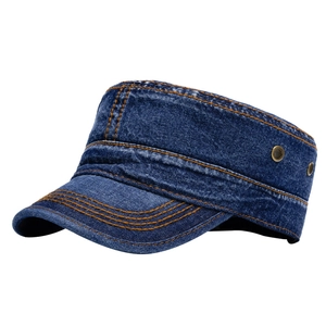 Flat top military cap in dark blue denim with yellow double stitching and side eyelets