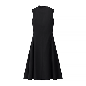 Slim fit sleeveless black midi dress with high neck and flared A-line silhouette