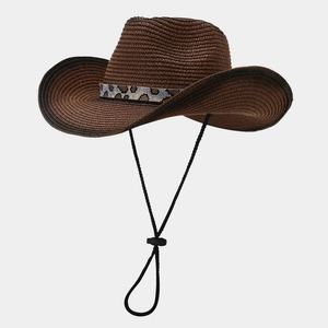 Detail of dark brown straw cowboy hat with leopard print band and adjustable chin strap
