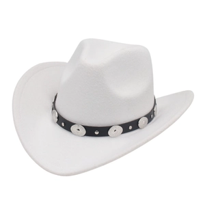 Detail of white cowboy hat with black leather band and silver embossed metal accents