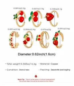 Guide des tailles des bagues cerise montrant le diamètre 1,6cm et le poids du cuivre