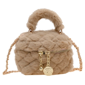 Plush quilted rhombic chain crossbody bag in camel faux fur with camellia charm