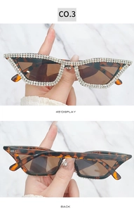 Detailed views of tortoise cat-eye sunglasses with hand-set sparkling rhinestones