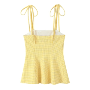 Gelbes Gingham-Top für Damen mit Schleifen-Trägern und figurbetontem Schnitt