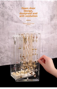 Vertical clear acrylic jewelry organizer box with hooks for necklaces and velvet base tray