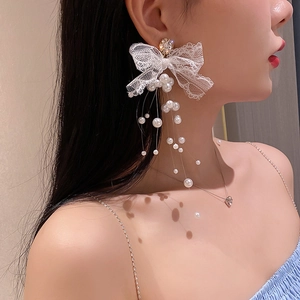 Boucles D'oreilles Longues À Pompon Nœud En Dentelle Avec Tige En Argent Sterling 925 Alliage Strass Künstliche Perle Élégant Mariée