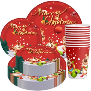 Christmas party tableware set with reindeer plates and Merry Christmas paper cups