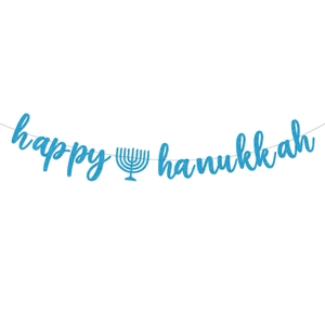 Banderole Happy Hanukkah pailletée bleue avec menorah pour décoration de fête juive festive