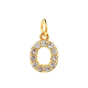 Macro shot of gold-plated letter O pendant with sparkling zircon inlays on white backdrop