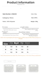 Detailed size chart for blue plaid dress with measurements for S, M, and L sizes