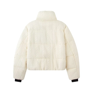 Back view of a white quilted puffer jacket with stylish cable knit texture and stand collar