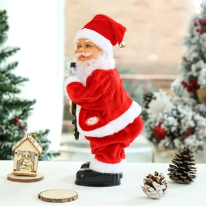 Détail du Père Noël électrique avec bouton ON/OFF dans un décor de fête chaleureux