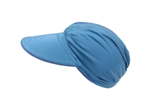 Detail of navy blue sun visor with reinforced stitching and elastic pleated fabric