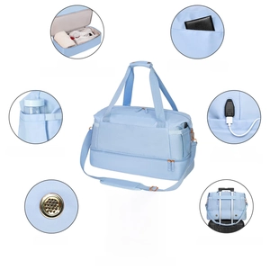 Detail view of gym bag showing independent shoe compartment and external USB port