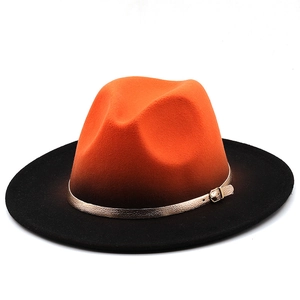 Gradiant orange and black wool fedora hat with wide brim and gold buckle band