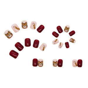 Red and beige short square tiger nail press-on kit with cute cartoon animal patterns