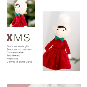 Detail of a plush Christmas doll ornament wearing a red velvet dress and white fur hat