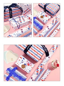 Detail of Happy Birthday wrapping paper with red blue stars and heart gift tag