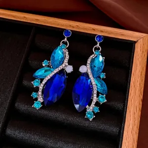 Vintage teardrop silver earrings with blue crystal rhinestones and marquise cut stones