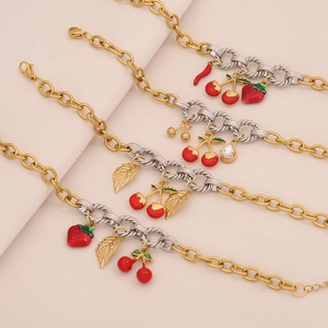 Stainless Steel Fruit Charm Bracelet Gold Silver Two Tone Chain Enamel Cherry Strawberry Chili Pastoral Jewelry For Women