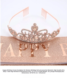 Detail of rose gold Happy Birthday crown with AAA rhinestones and pink glitter sash