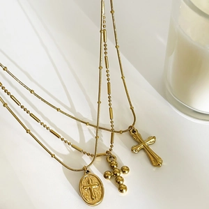 Vintage stainless steel cross pendant necklace set for women with gold finish