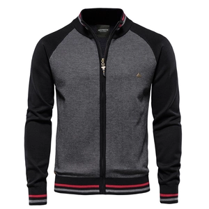 Men's casual zip-up cardigan in grey and black patchwork with stand collar and ribbed hem