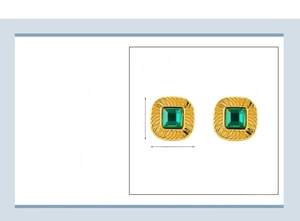 Detailed specs of square gold earrings with green zircon and 18k gold plating details