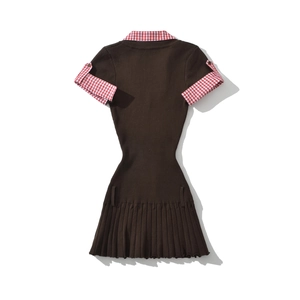 Slim fit brown knitted mini dress with red gingham collar and pleated hem detail