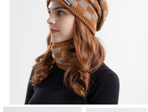 Detail of winter knitted beanie and neck warmer set with brown and beige checkerboard pattern