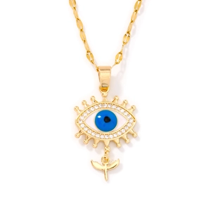 Luxurious gold evil eye necklace with blue center and sparkling zircon bird pendant