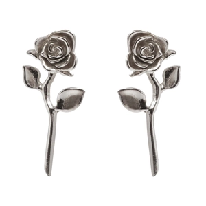 Detailed view of silver rose stud earrings with intricate petals and leaves