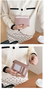 Pink lychee grain leather coin purse with zipper compartment and transparent ID window
